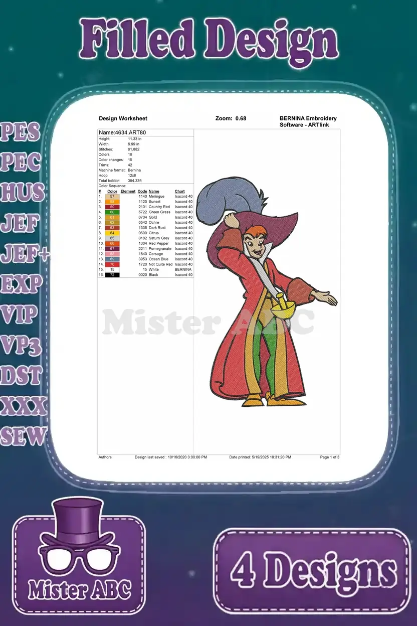 Detailed design worksheet for the second Captain Hook filled embroidery, showing stitch count, colors, and hoop size.