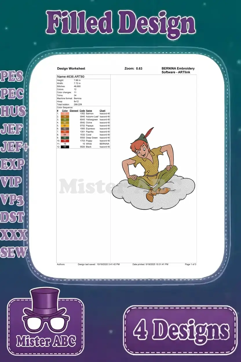 Detailed design worksheet for the Peter Pan on cloud filled embroidery, showing stitch count, colors, and hoop size.