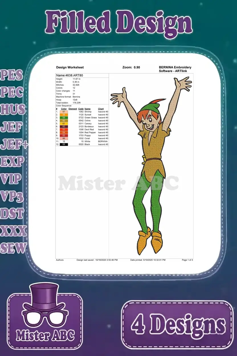 Design worksheet for Peter Pan with arms raised, detailing stitch count, color changes, and thread chart for precision.