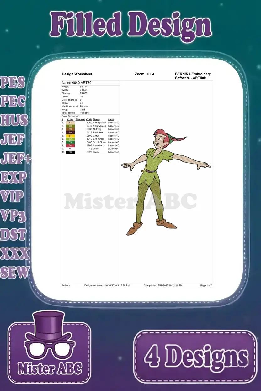 Design worksheet for Peter Pan in a flying pose, outlining stitch count, color changes, and thread chart details.