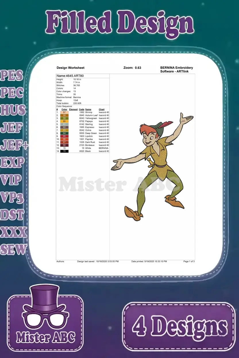 Detailed design worksheet for Peter Pan embroidery, showing stitch count, color sequence, and thread codes for design 1.