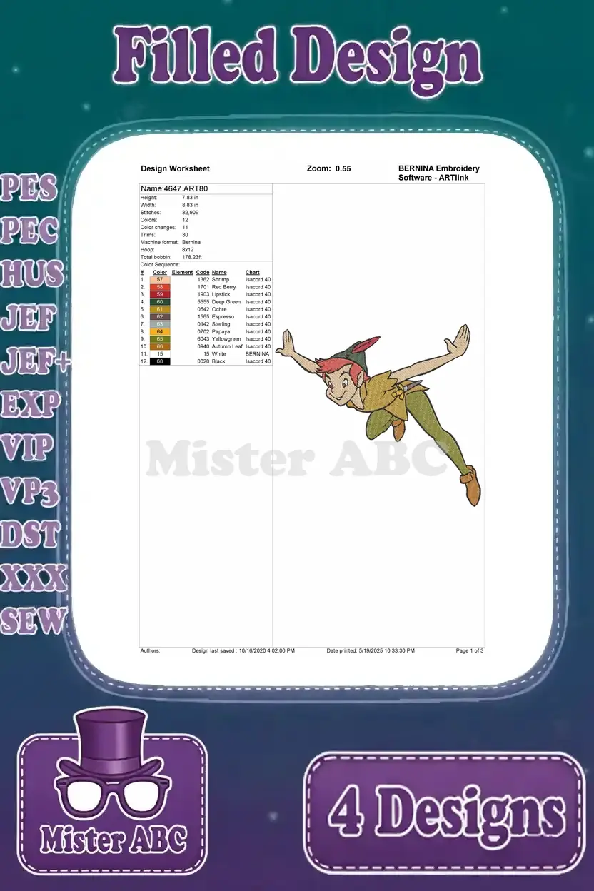 Detailed design worksheet for Peter Pan embroidery, showing stitch count, color sequence, and thread codes for design 3.