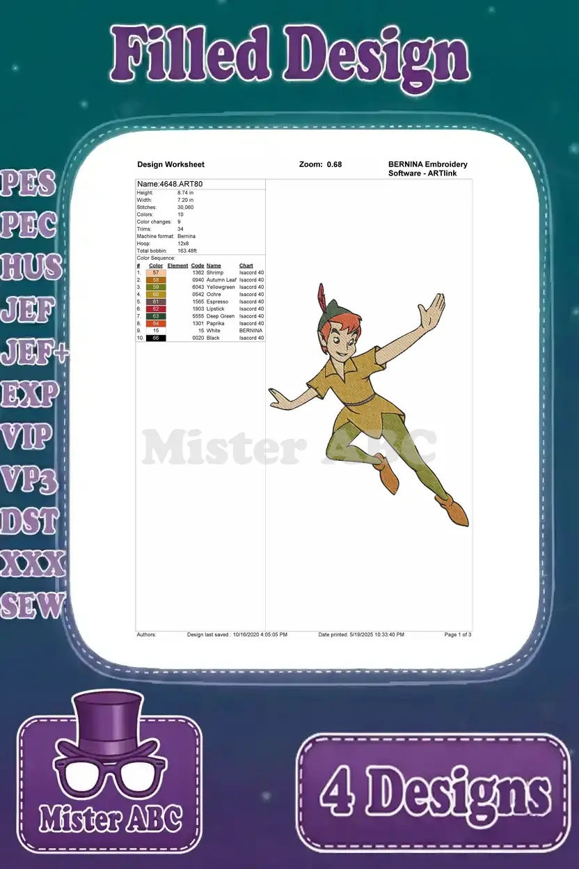 Detailed design worksheet for Peter Pan embroidery, showing stitch count, color sequence, and thread codes for design 4.