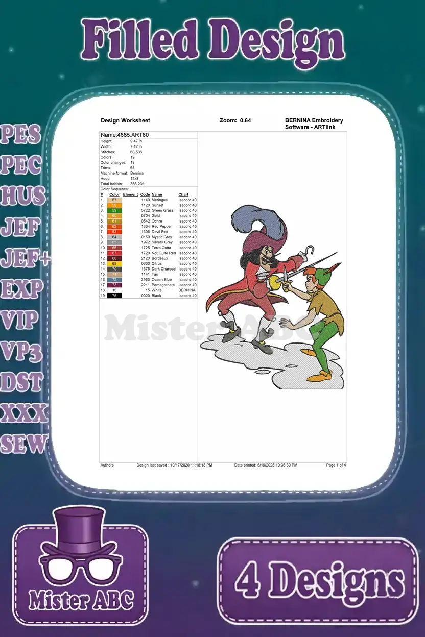 Detailed design worksheet for the first Peter Pan and Captain Hook embroidery, showing stitch count and colors.
