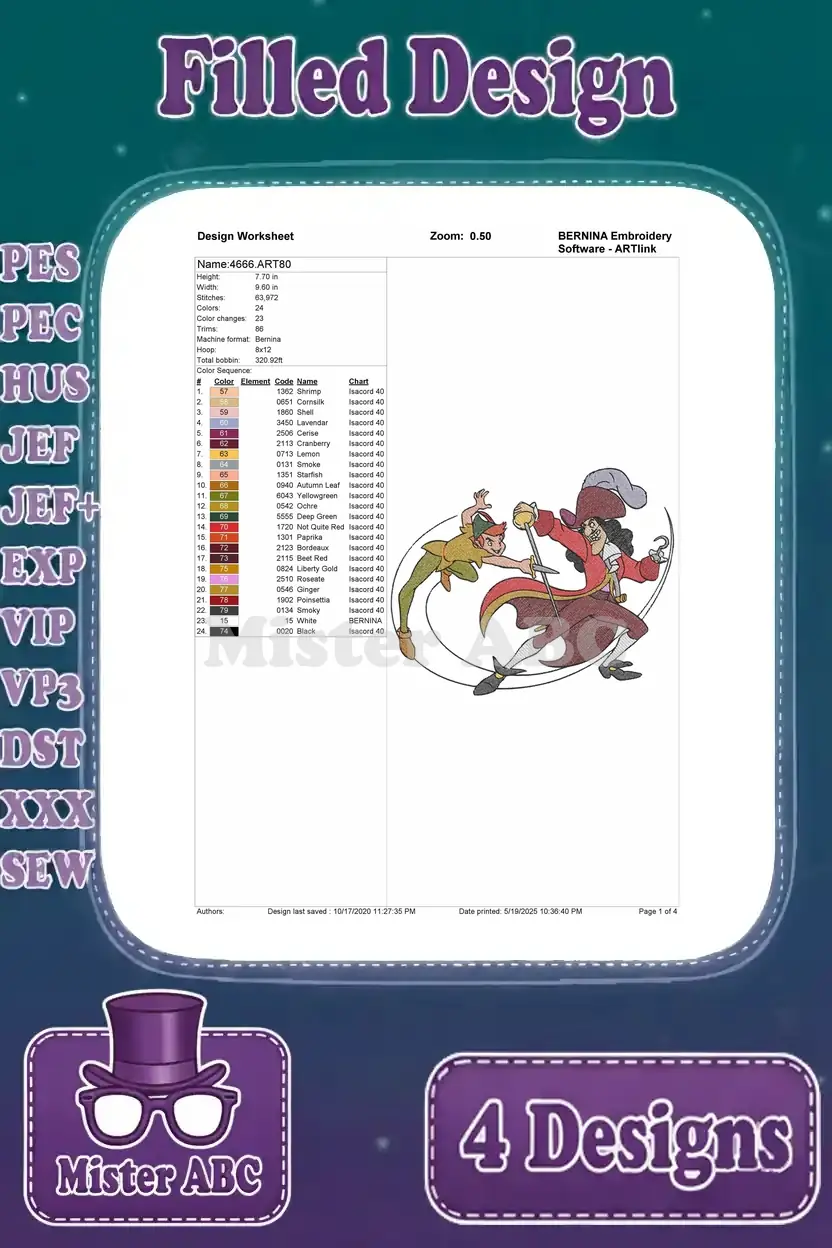 Detailed design worksheet for the second Peter Pan and Captain Hook embroidery, showing stitch count and colors.