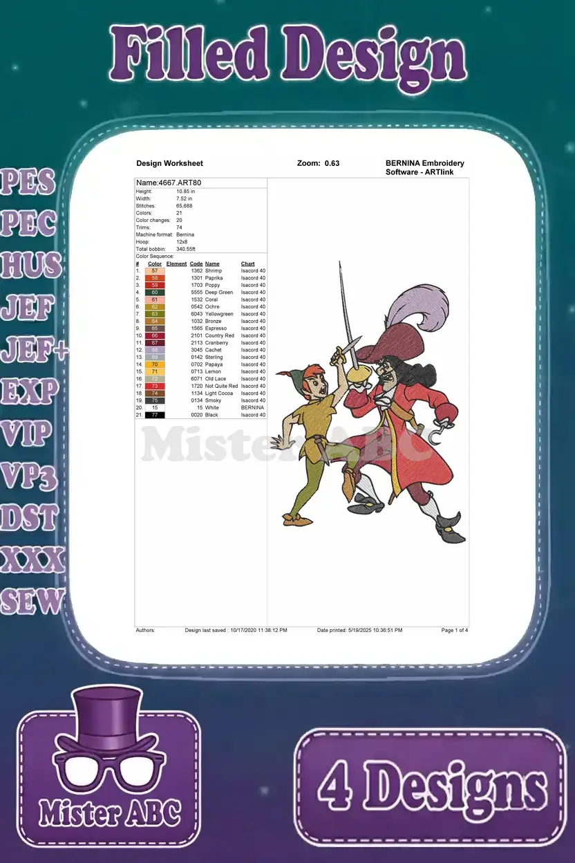 Design worksheet for a Peter Pan vs. Captain Hook embroidery, detailing 68,688 stitches and 21 thread colors for precision.