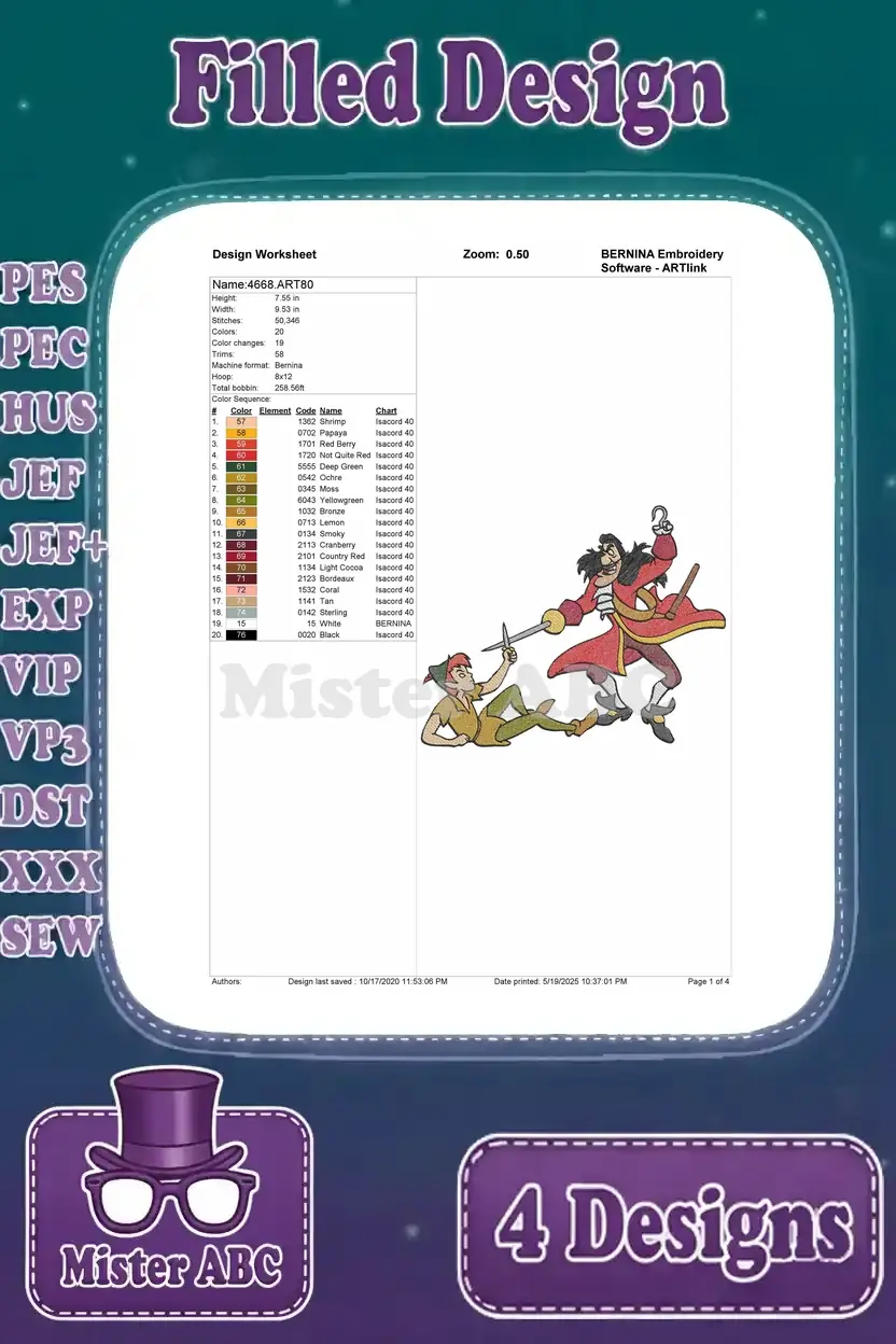 Design worksheet for the second Peter Pan vs. Captain Hook embroidery, detailing 58,346 stitches and 19 colors.