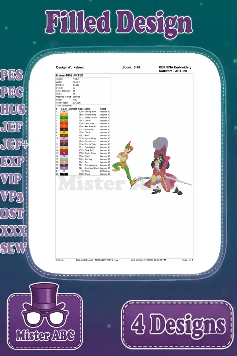 Design worksheet for the third Peter Pan vs. Captain Hook embroidery, detailing 33,660 stitches and 22 colors.
