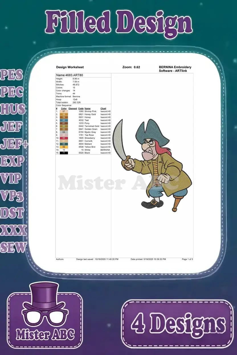 Embroidery design worksheet for Captain Hook, showing stitch count, color sequence, and a detailed preview.