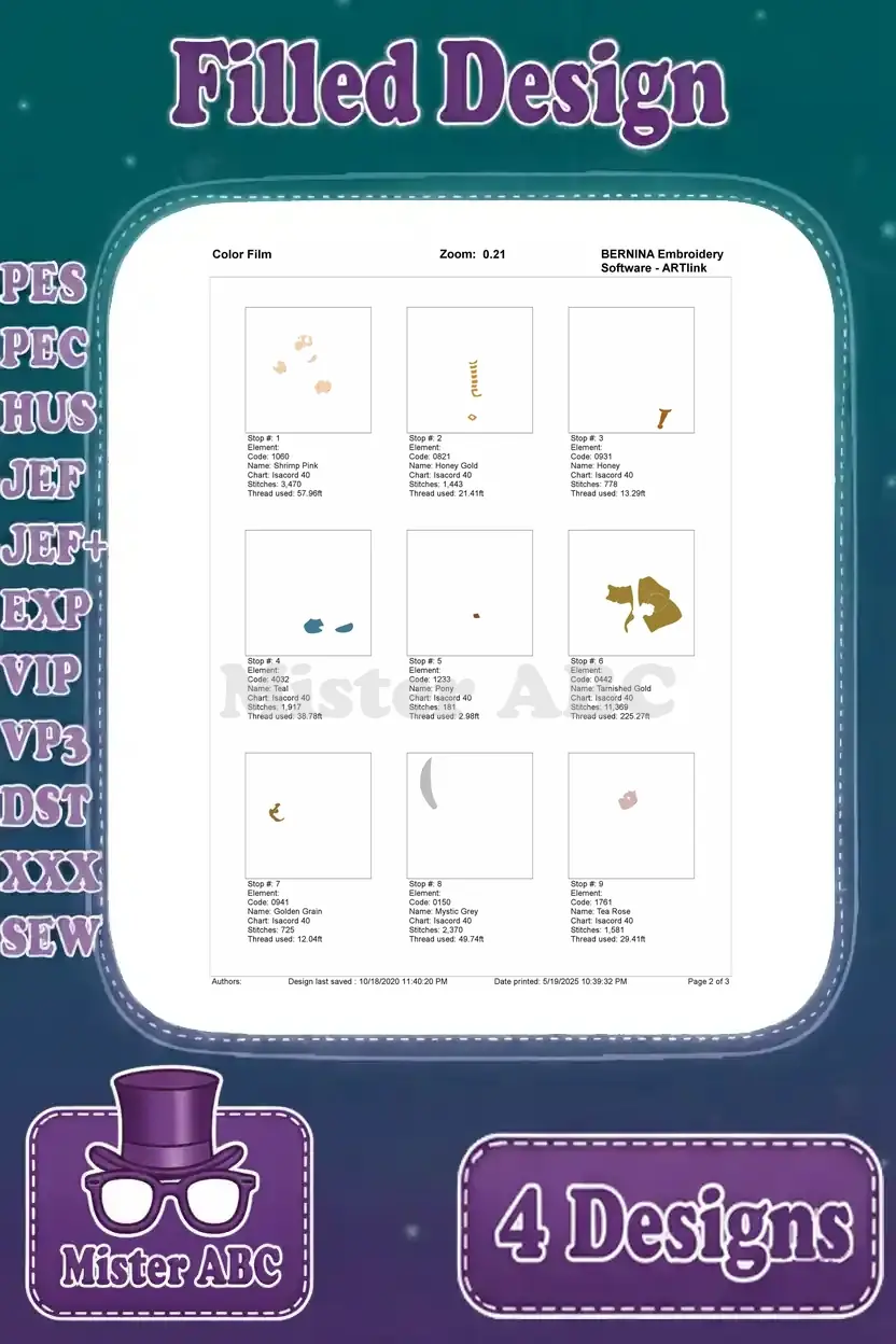 First page of the color film for Captain Hook embroidery, showing initial color stops and stitch order for the design.