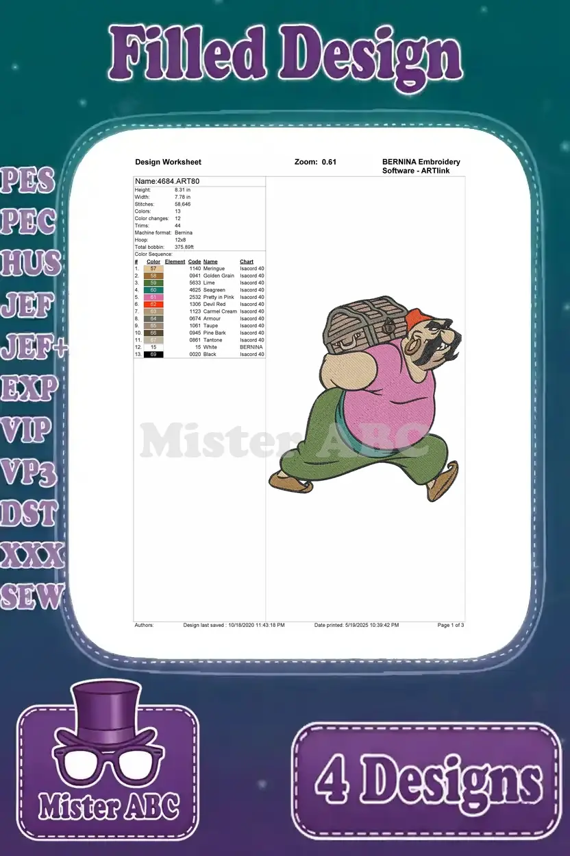 Embroidery design worksheet for Smee carrying a treasure chest, detailing stitch count and color sequence.