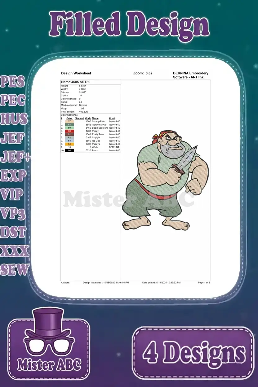 Embroidery design worksheet for Smee holding a dagger, outlining stitch count, color sequence, and design preview.