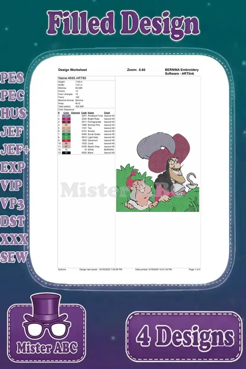 Detailed design worksheet for the Captain Hook and Smee filled embroidery design, showing thread colors and stitch count.