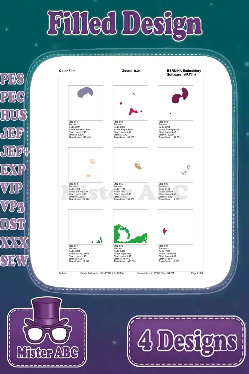 Color film page two for the Captain Hook and Smee embroidery design, showing individual color stops and thread usage.