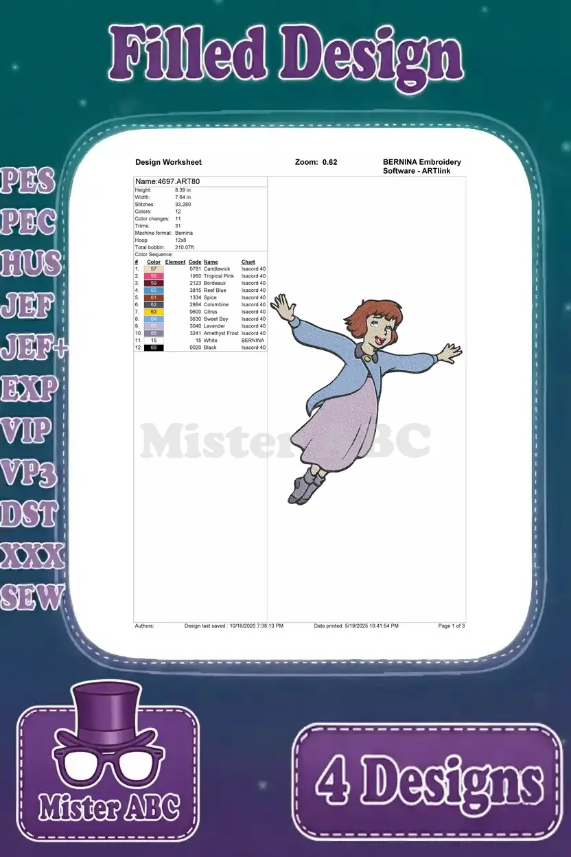 Detailed design worksheet for the Wendy Darling flying filled embroidery design, showing thread colors and stitch count.