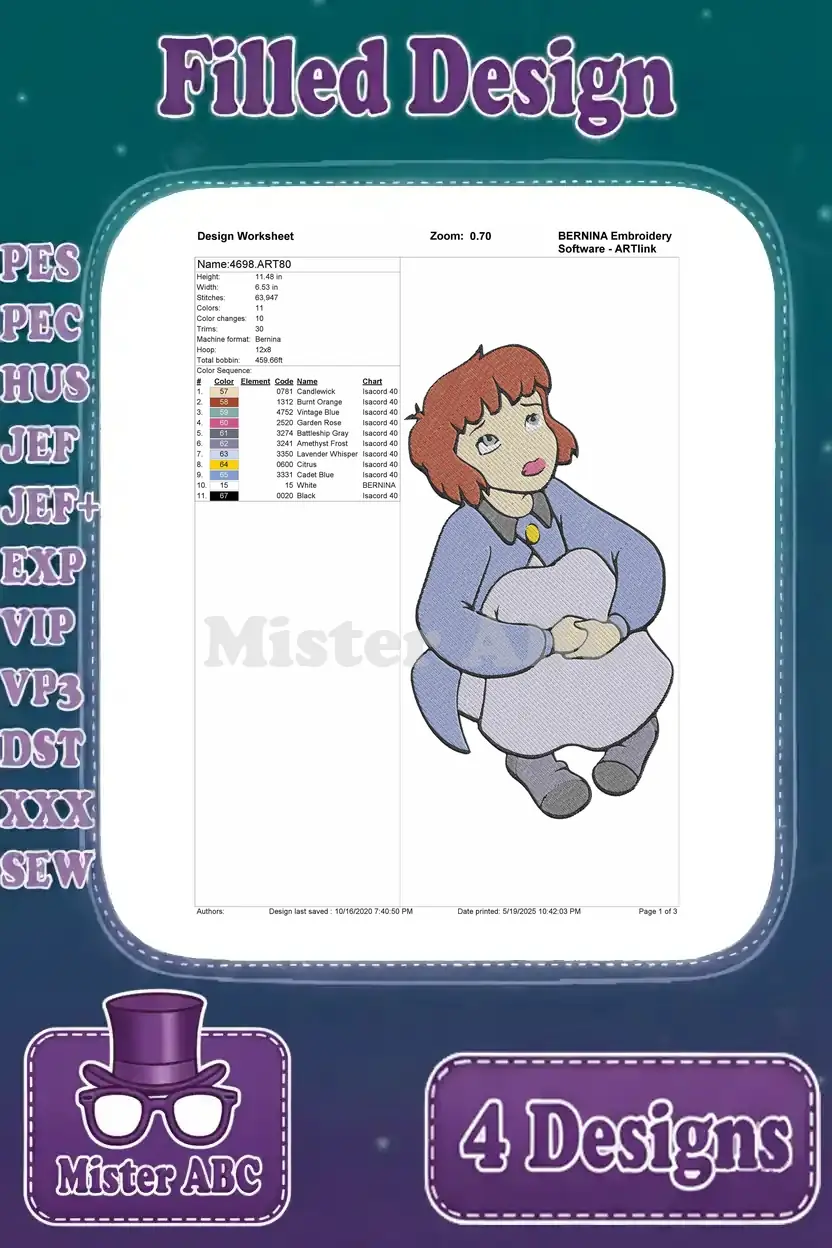 Detailed design worksheet for the Wendy Darling sitting filled embroidery design, showing thread colors and stitch count.