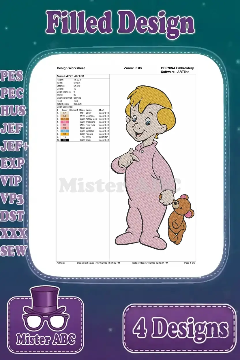 Embroidery design worksheet for Michael Darling standing with a teddy bear, providing thread colors and stitch data.