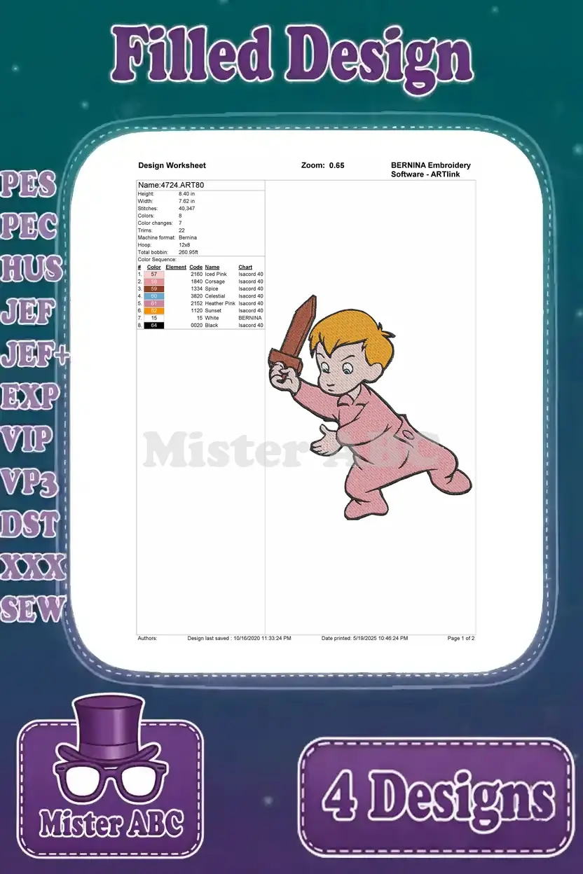 Embroidery design worksheet for Michael Darling holding a sword, detailing thread colors, stitch count, and sequence.