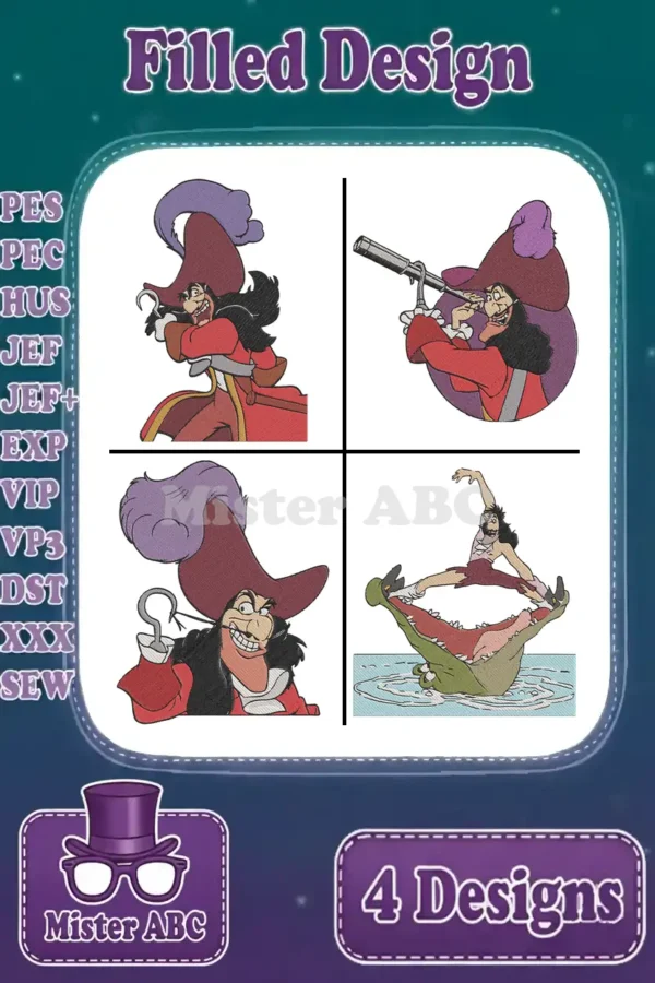 A vibrant collection of four Captain Hook filled embroidery designs, ready for various machine formats.