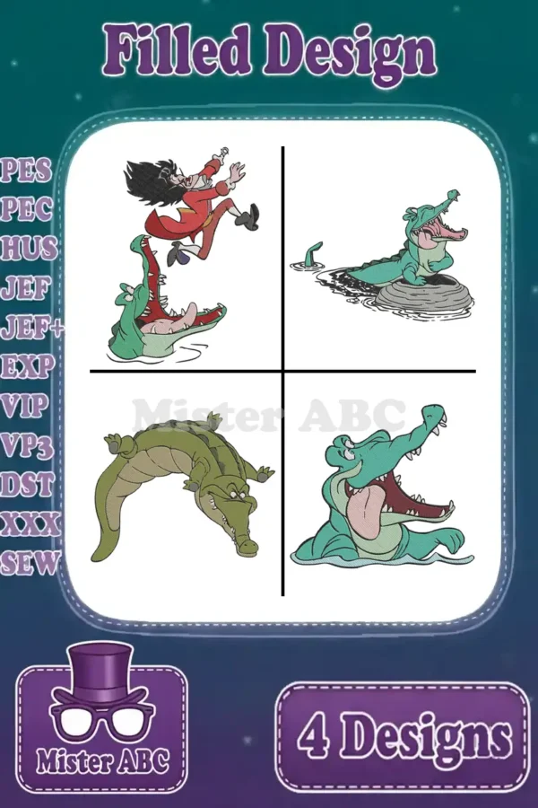 Four vibrant filled embroidery designs featuring Captain Hook evading the Tick-Tock Crocodile and various crocodile poses.