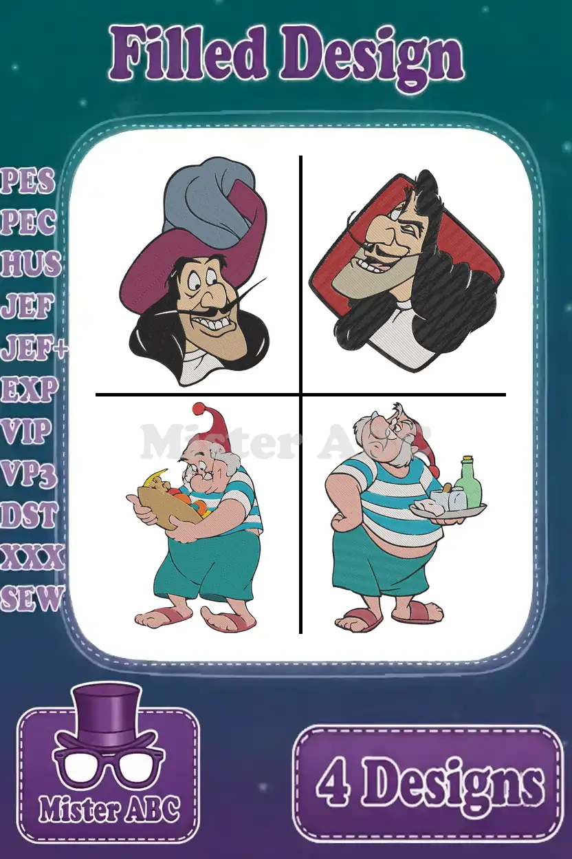 A vibrant embroidery design bundle featuring four distinct, filled designs of Captain Hook and Mr. Smee from Peter Pan, with supported file formats listed on the left.