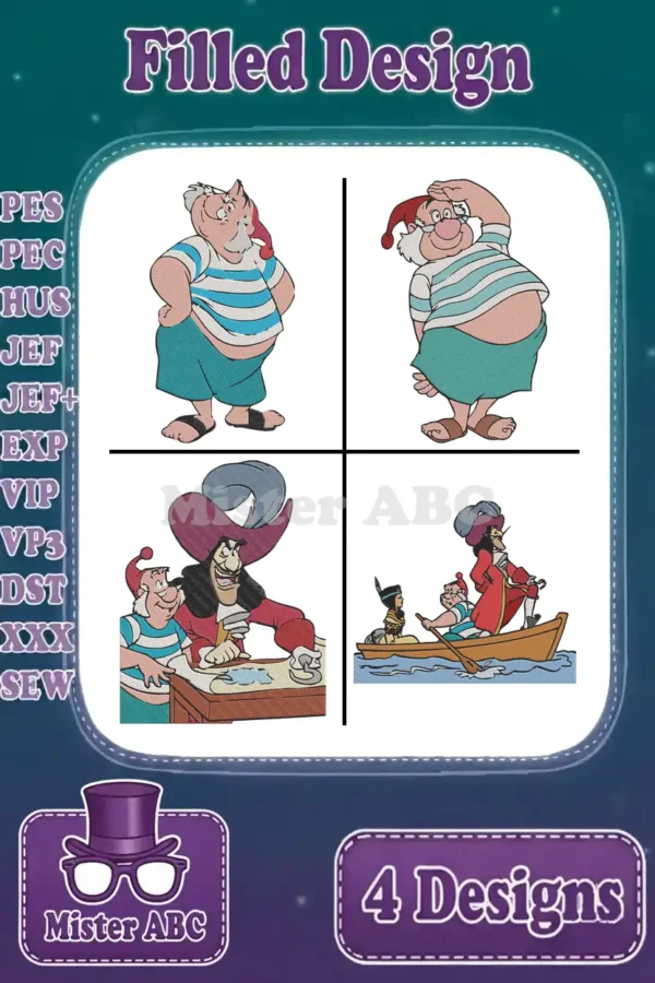 A vibrant collage of four filled embroidery designs featuring Smee and Captain Hook in various poses, ready for stitching.