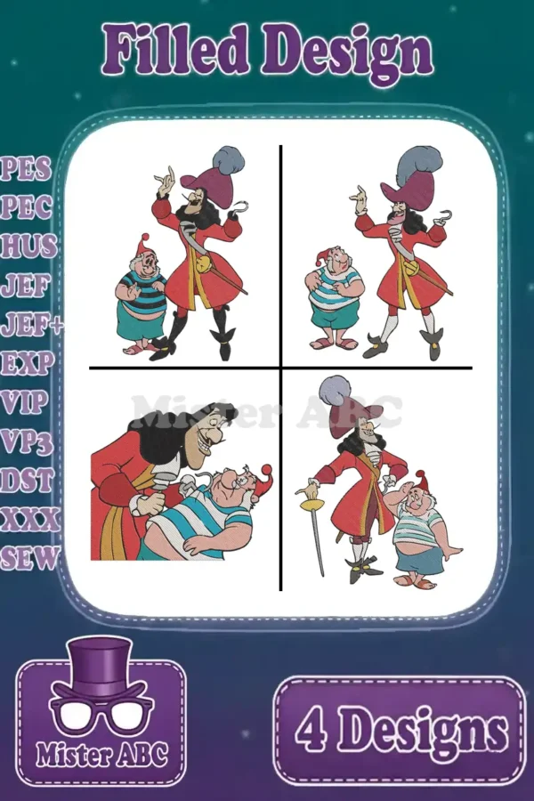 A vibrant collage of four distinct filled embroidery designs depicting Captain Hook and Mr. Smee in various poses.