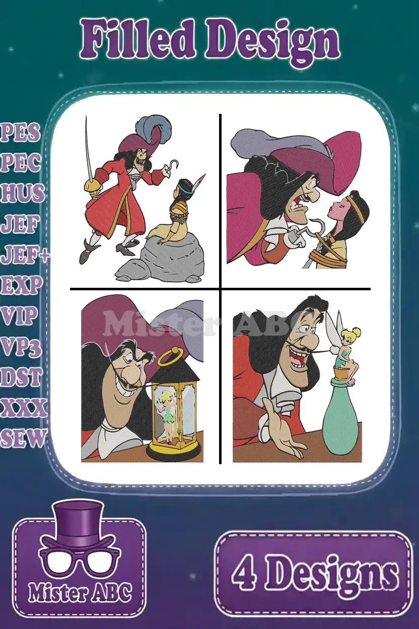 A collage of four filled embroidery designs featuring Captain Hook interacting with Tinker Bell and Tiger Lily, displaying various poses.