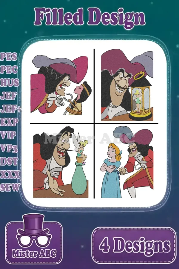Four vibrant embroidery designs featuring Captain Hook interacting with Tiger Lily, Tinker Bell, and Wendy Darling, showcasing detailed filled stitch art.