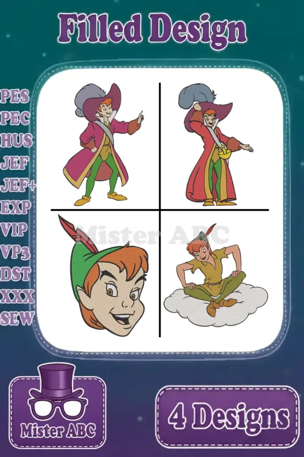 Four vibrant filled embroidery designs featuring Peter Pan and Captain Hook, showcasing various stitch patterns and formats.