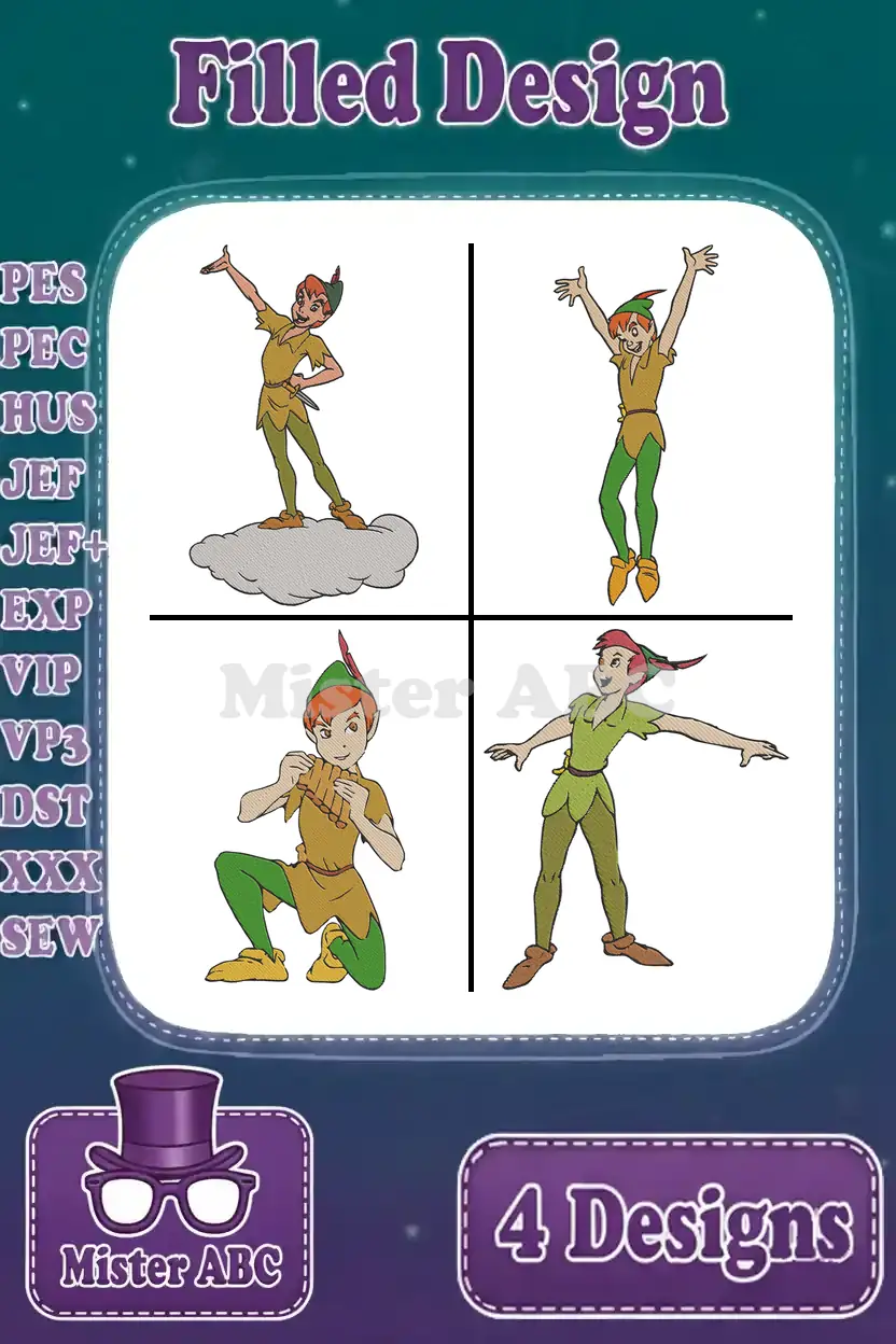 A vibrant collage of four Peter Pan filled embroidery designs in various poses, ready for diverse creative projects.