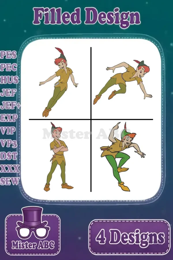 A vibrant collection of four unique Peter Pan filled embroidery designs in various dynamic poses, showcasing versatility.