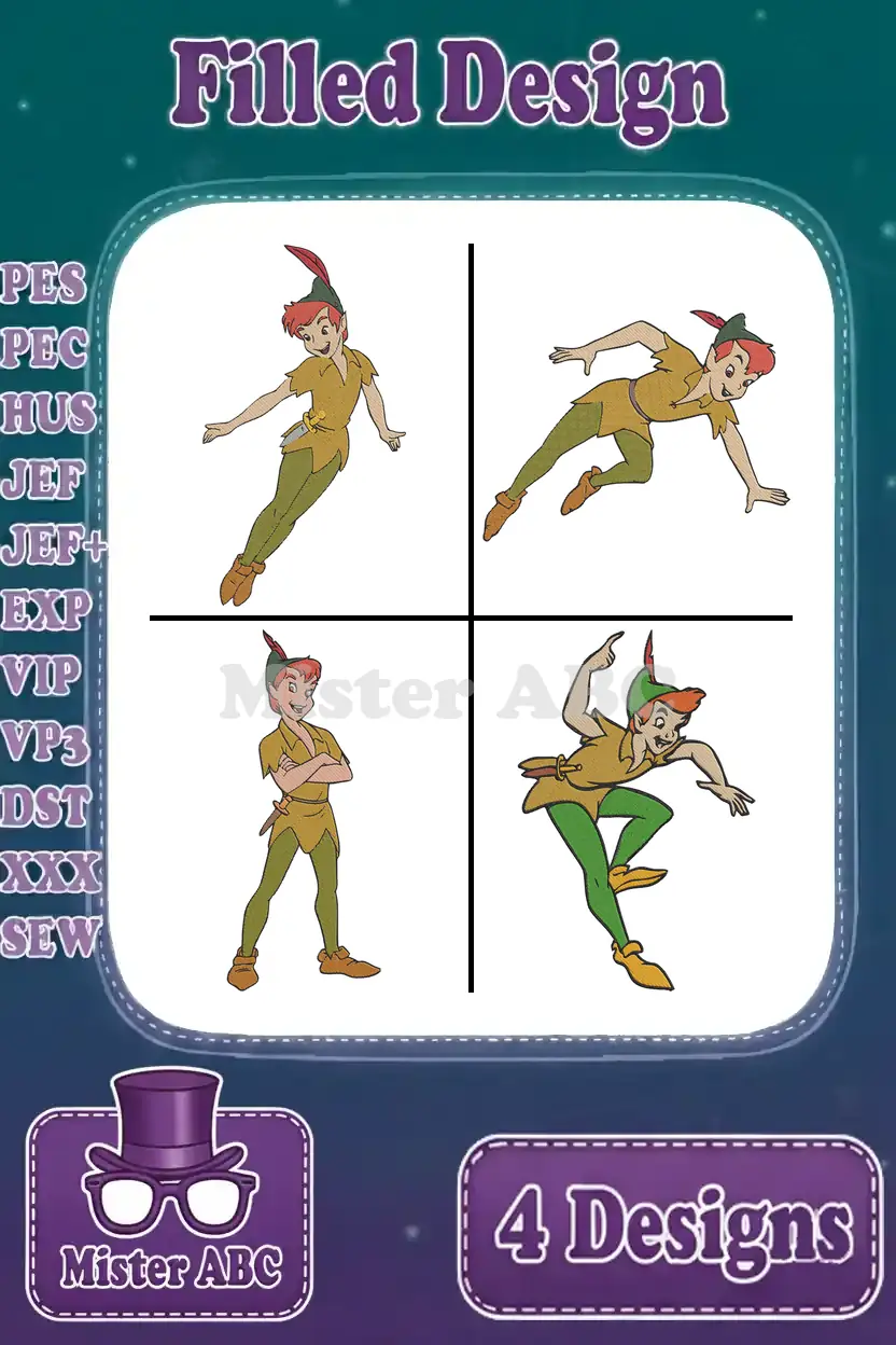 A vibrant collection of four unique Peter Pan filled embroidery designs in various dynamic poses, showcasing versatility.
