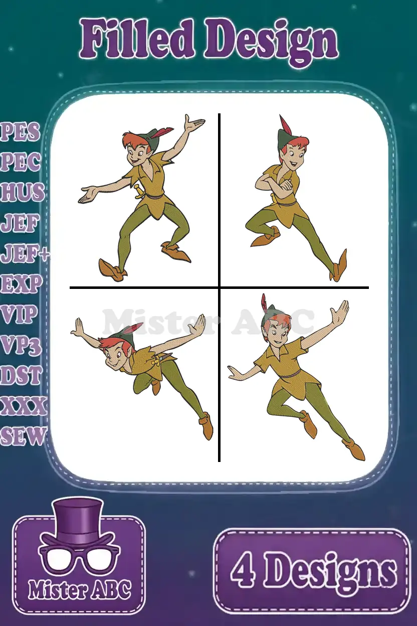 A vibrant display of four filled Peter Pan embroidery designs, showcasing different dynamic poses and available file formats.