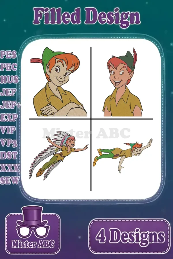 A collage of four vibrant Peter Pan filled embroidery designs in various poses, ready for multiple machine formats.
