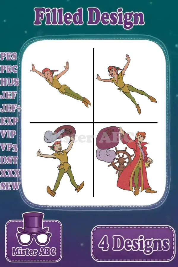 Main product image showing four distinct filled embroidery designs: Peter Pan flying, Peter Pan with hands up, Peter Pan with thumbs up, and Captain Hook at a ship's wheel. Includes supported file formats.