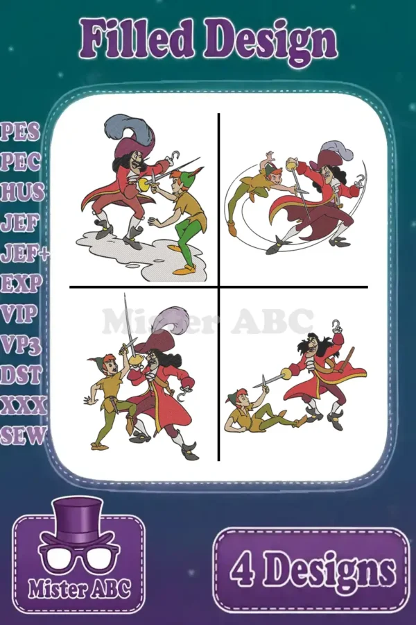 A vibrant display of four filled embroidery designs featuring Peter Pan and Captain Hook in dynamic duels.
