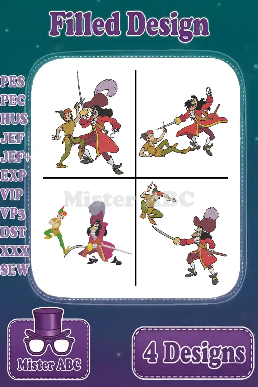 Four vibrant filled embroidery designs featuring Peter Pan and Captain Hook in dynamic sword-fighting poses, ready for stitching.