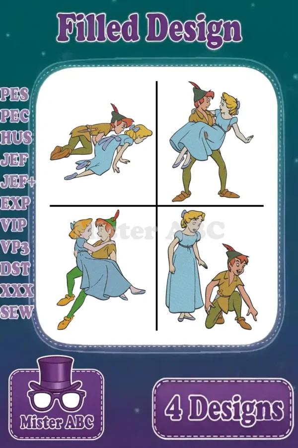 A vibrant collage of four filled embroidery designs featuring Peter Pan and Wendy Darling in various enchanting poses.