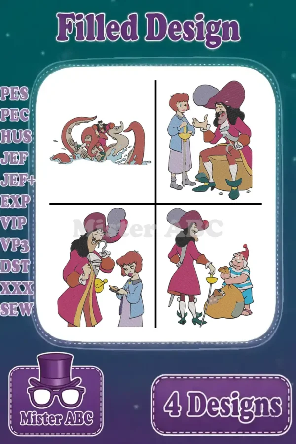 A collage of four vibrant filled embroidery designs featuring Captain Hook and other characters from Neverland.