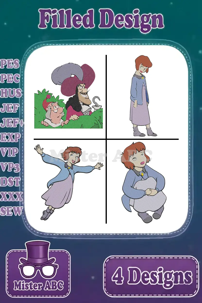 A bundle of four vibrant Peter Pan filled embroidery designs: Captain Hook and Smee, Wendy standing, flying, and sitting.
