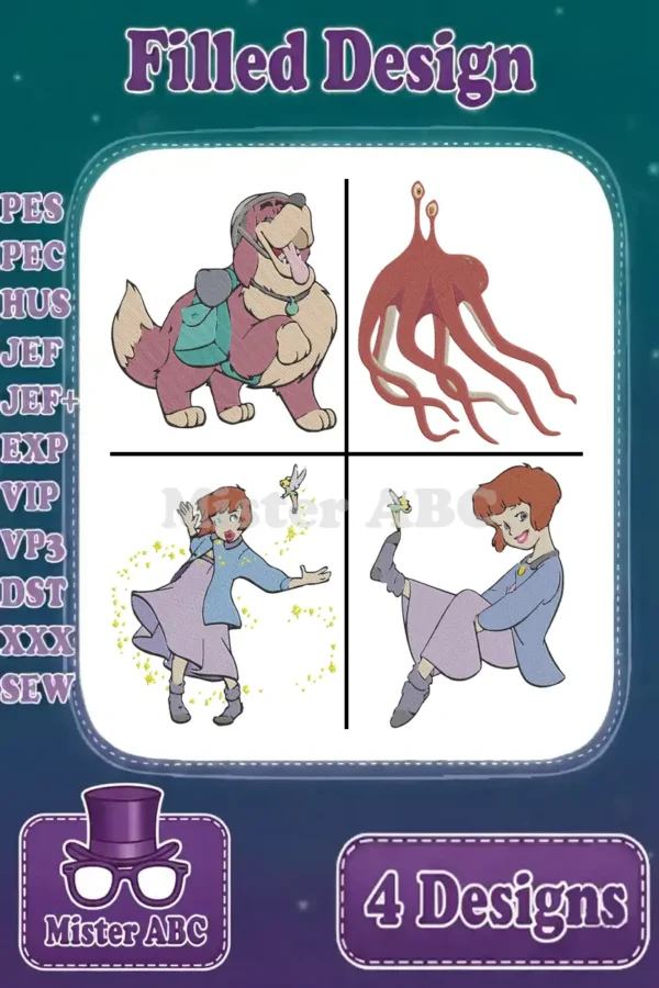 A vibrant display of four unique filled embroidery designs: a dog with a backpack, a red octopus, and two cartoon girls, one standing with a butterfly and one sitting, alongside various embroidery file format icons.