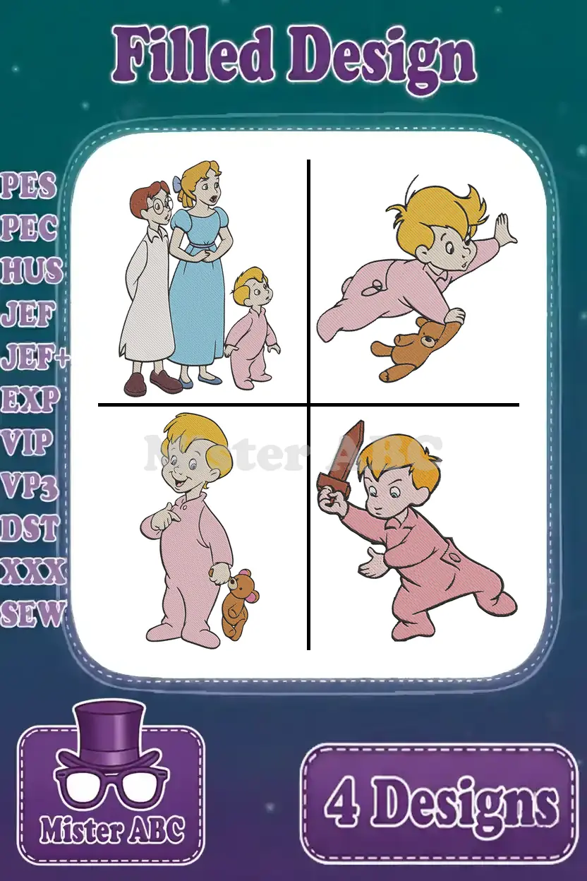 Collage of four Peter Pan embroidery designs: Wendy, John, Michael Darling, and three poses of Michael. Features filled stitch types.
