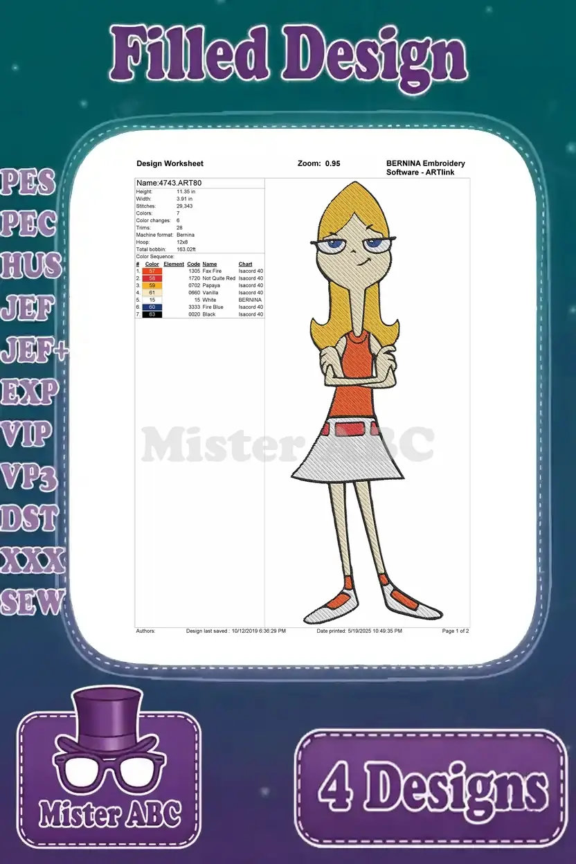 Detailed embroidery worksheet for Candace Flynn design with arms crossed, showing stitch count and color chart.