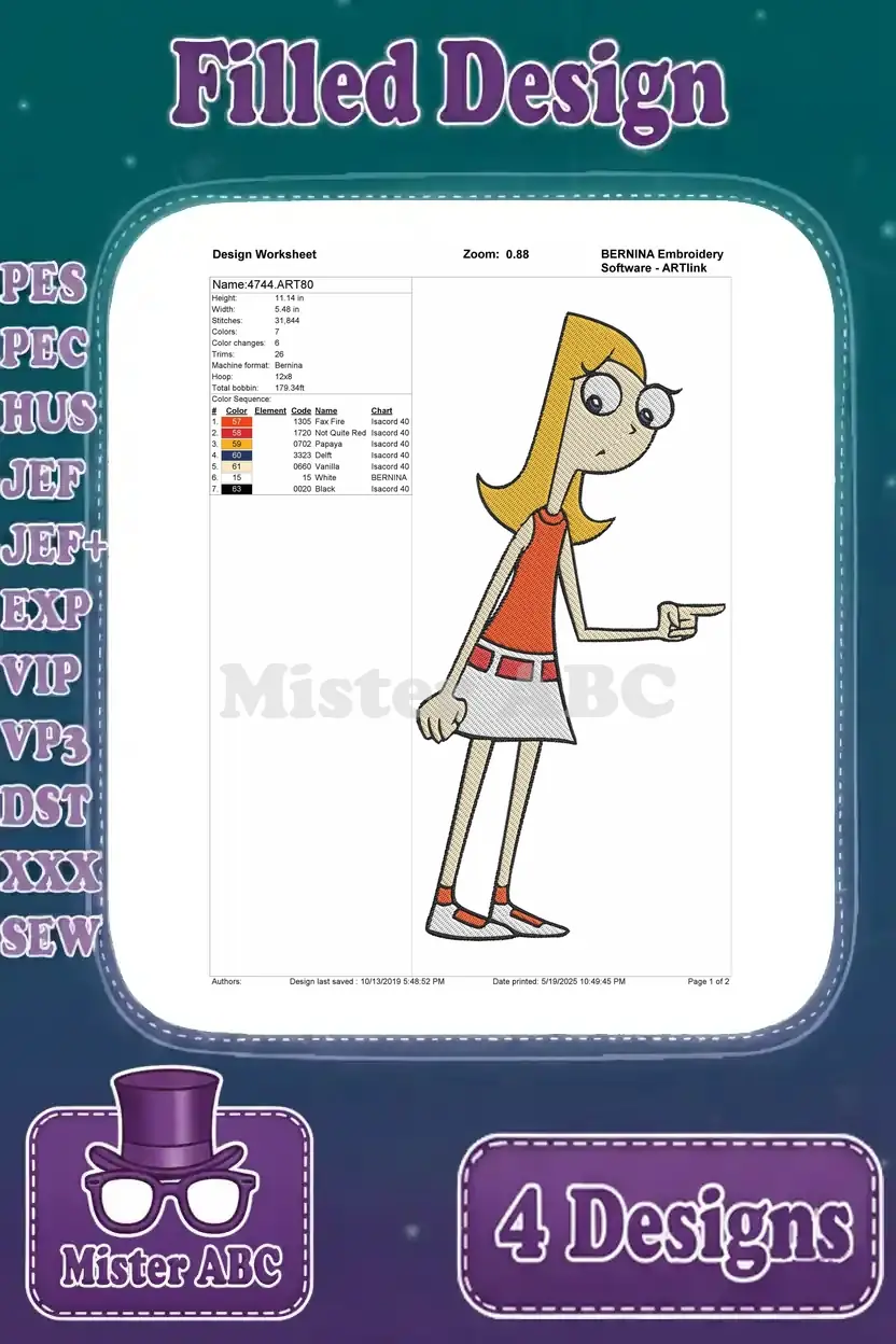 Detailed embroidery worksheet for Candace Flynn pointing design, showing stitch count and color chart.