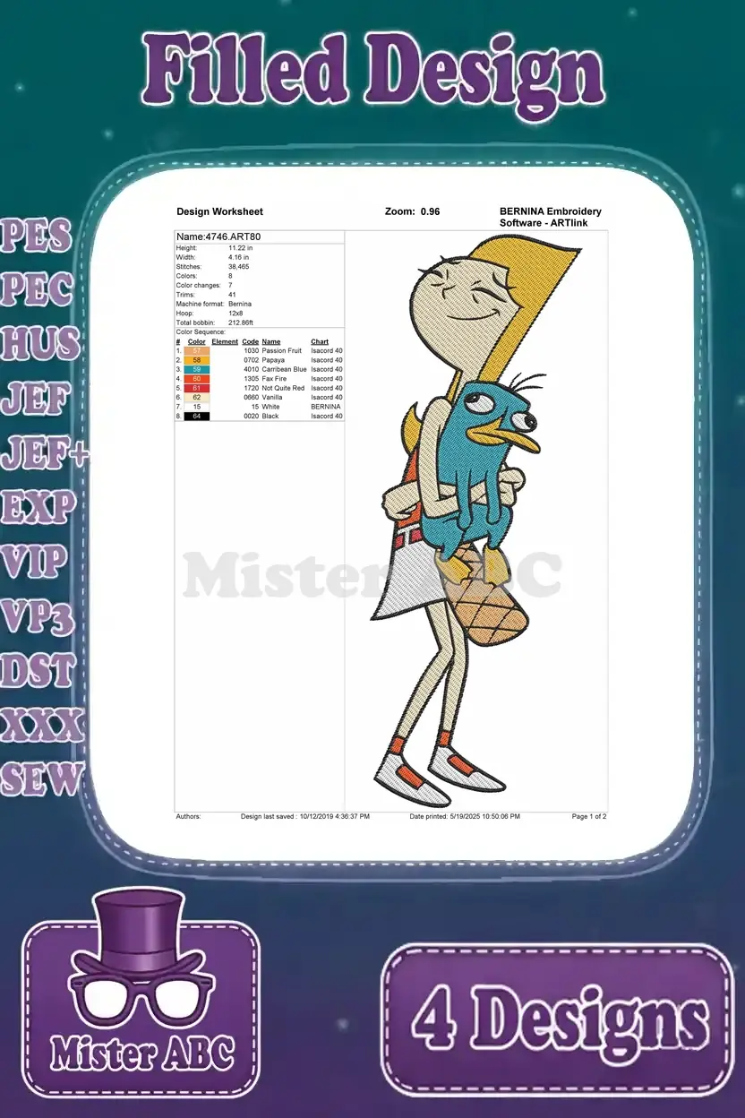 Detailed embroidery worksheet for Candace Flynn with Perry design, showing stitch count and color chart.