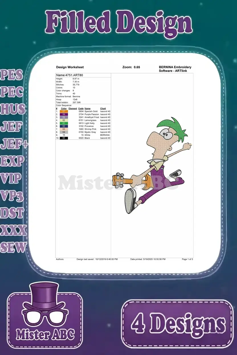 Detailed design worksheet for Ferb playing guitar embroidery, showing stitch count, color changes, and thread chart.