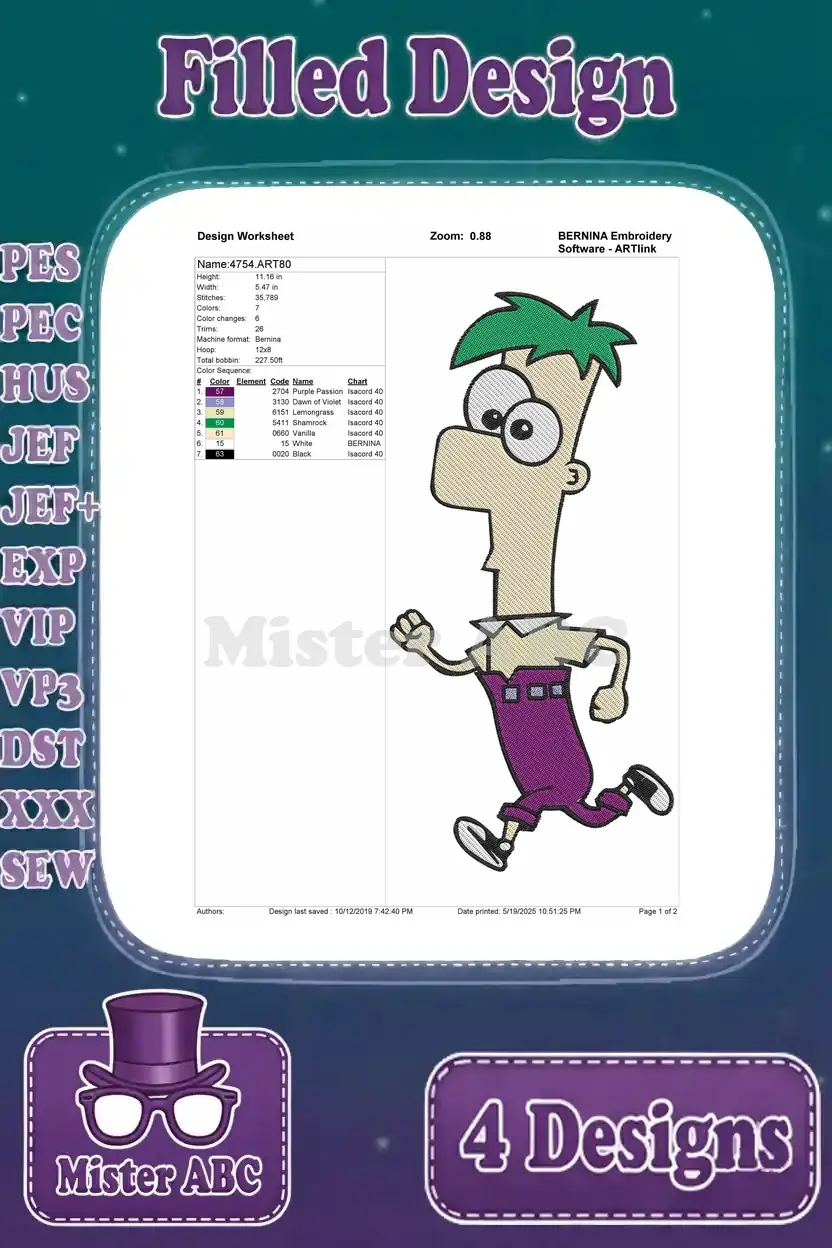 Detailed design worksheet for Ferb running pose embroidery, showing stitch count, color changes, and thread chart.