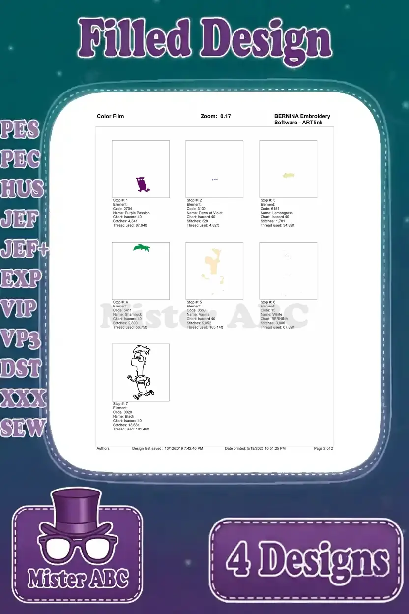 Color film breakdown for Ferb running pose embroidery, showing individual color stops and stitch progression.