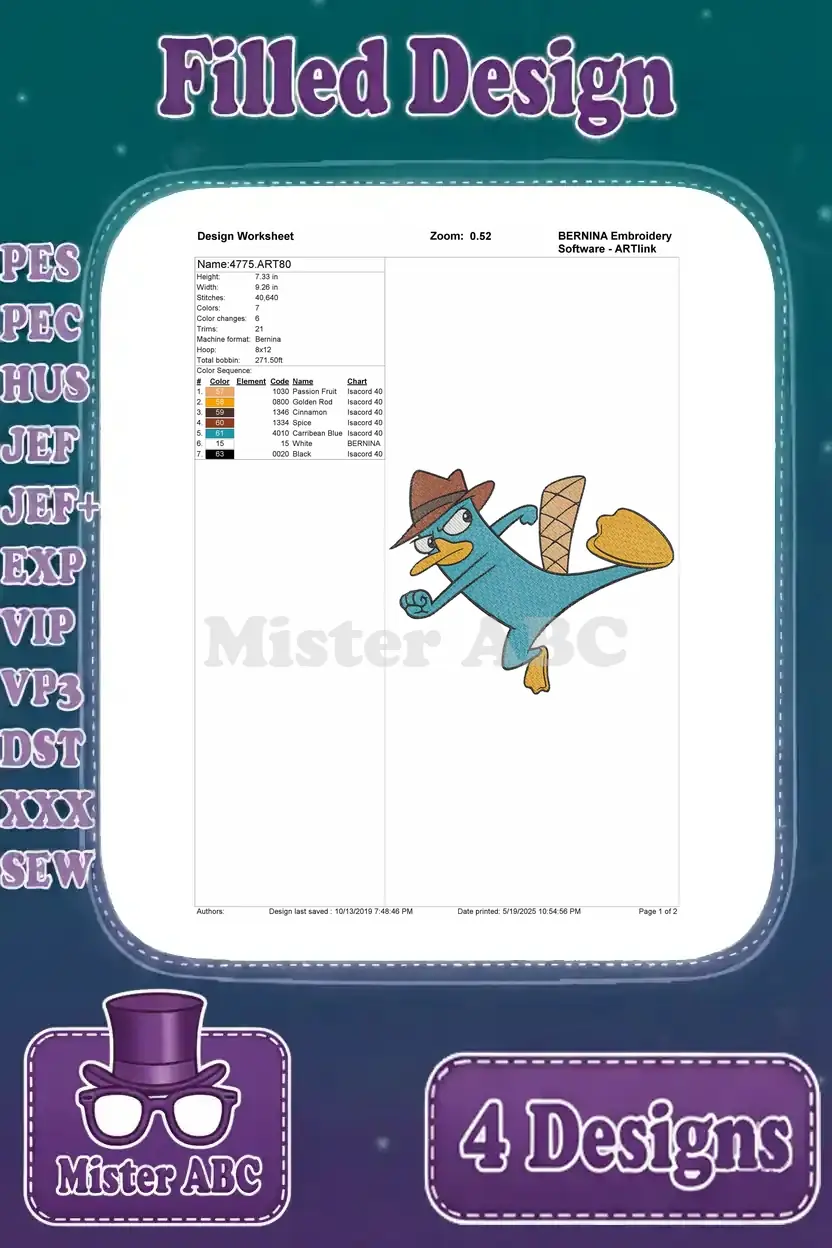 Detailed design worksheet for the first Perry the Platypus embroidery, showing stitch count, color sequence, and dimensions.